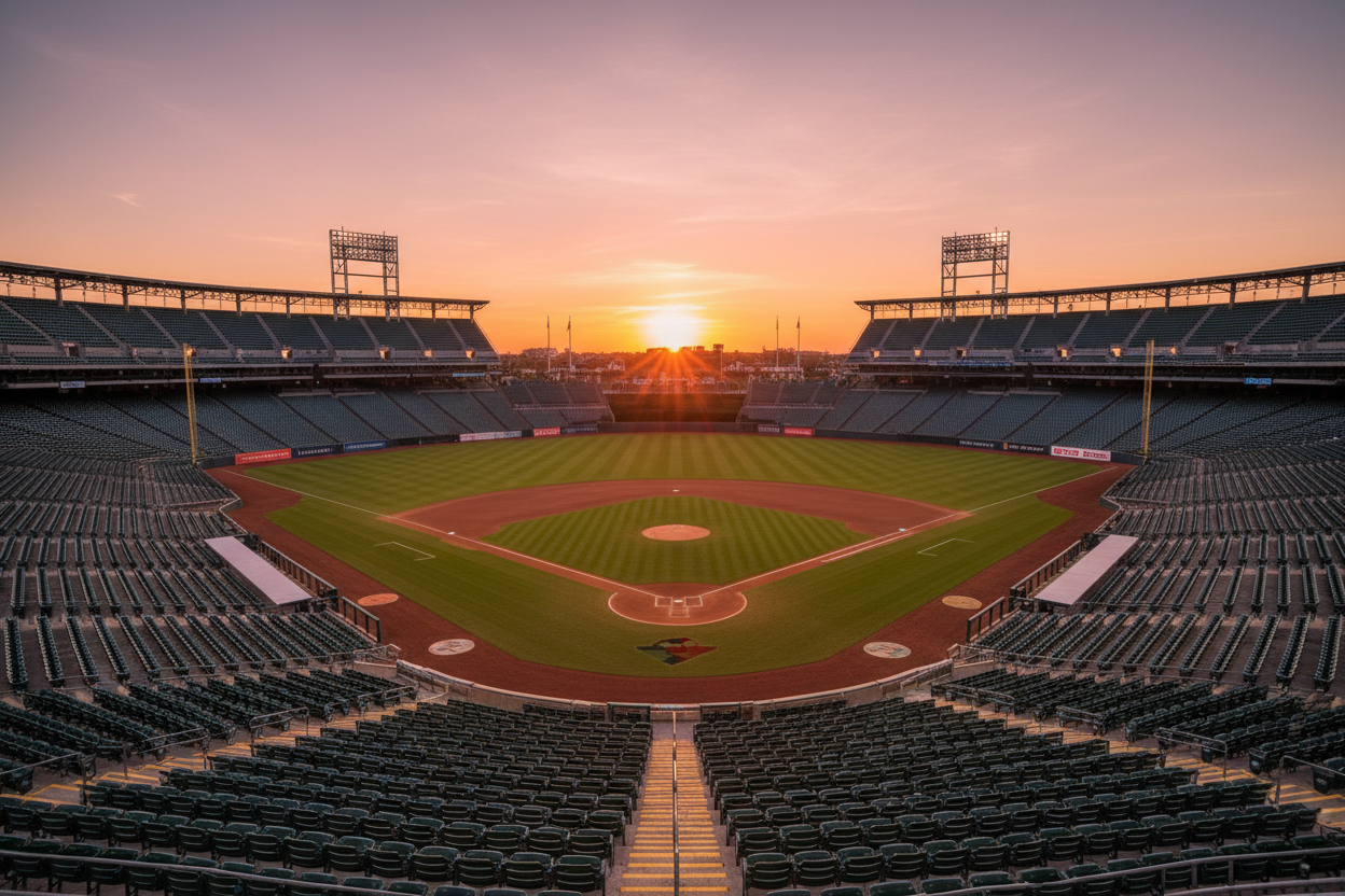 an empty baseball stadium on a beautiful evening sunset